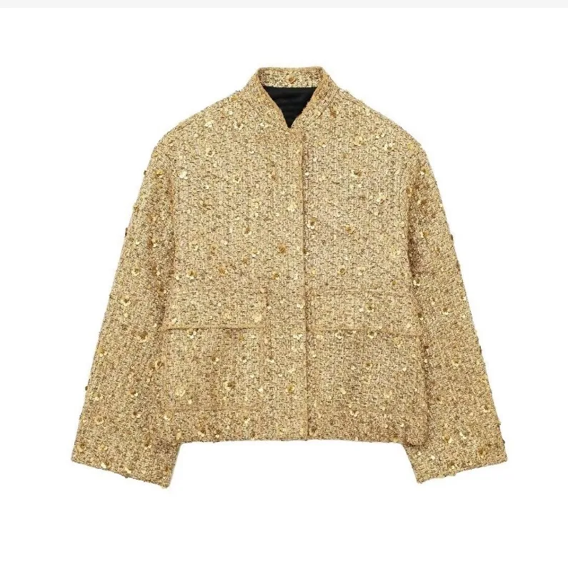 Women Fashion Shiny Sequin Jacket Y2k Gold Color Stand Collar Long Sleeve Short Coat Autumn Winter Ladies High Streetwear
Women Fashion Shiny Sequin Jacket Y2k Gold Color Stand Collar Long Sleeve Short Coat Autumn Winter Ladies High Streetwear