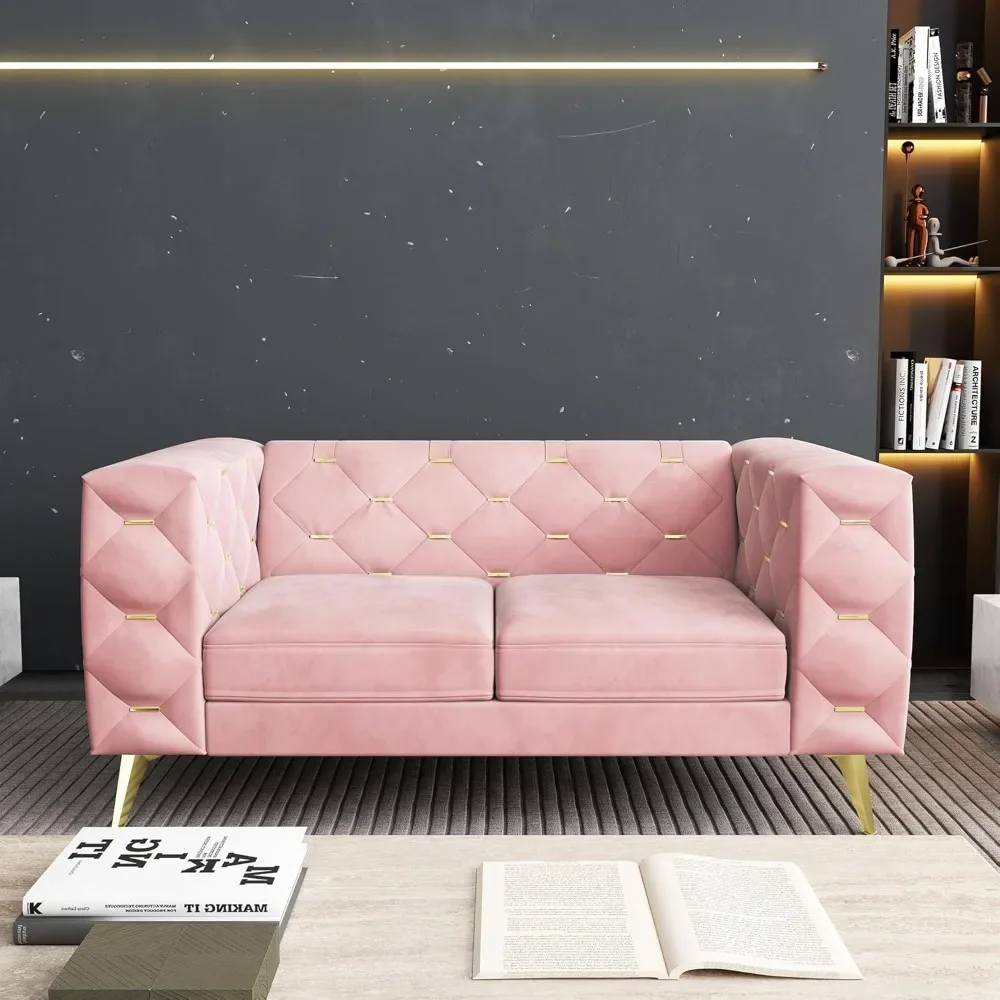 Velvet Upholstered 2 Seater Couch with Square Arms and Tufted Back, Modern 2 & 3 Seater with Metal Buckle Decor and Metal Legs
Velvet Upholstered 2 Seater Couch with Square Arms and Tufted Back, Modern 2 & 3 Seater with Metal Buckle Decor and Metal Legs