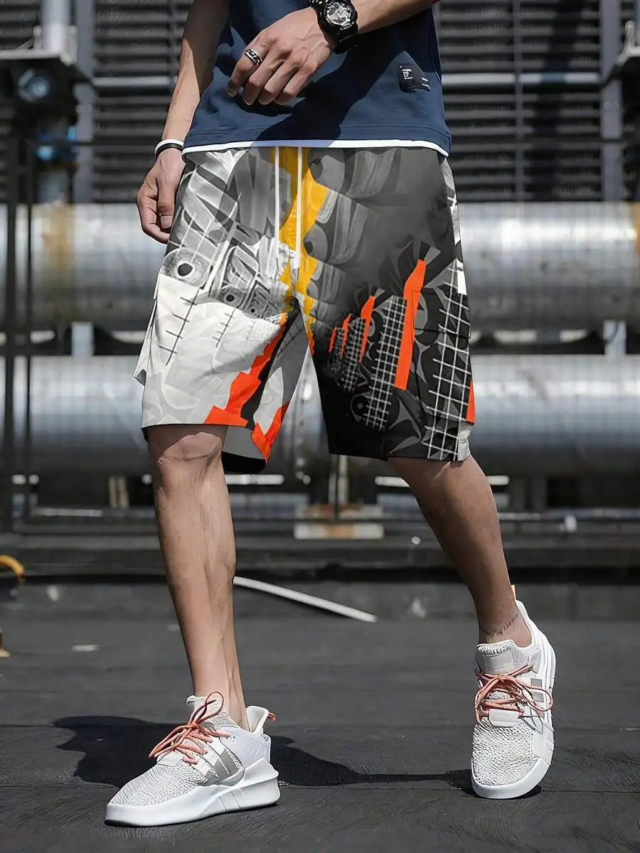 Mens Gray Orange White Geometric Patchwork 5-Point Shorts With Pocket And Drawstring
Mens Gray Orange White Geometric Patchwork 5-Point Shorts With Pocket And Drawstring