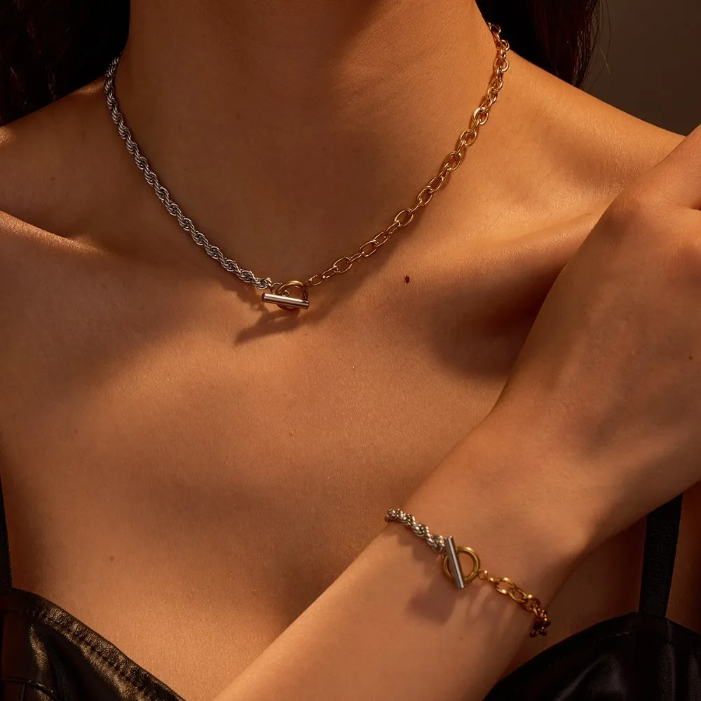 1Pc Women's Two-Tone Stainless Steel Anti-Fading Bracelet and Necklace Set, Punk Hip Hop Style, Suitable for Everyday Wear.
1Pc Women's Two-Tone Stainless Steel Anti-Fading Bracelet and Necklace Set, Punk Hip Hop Style, Suitable for Everyday Wear.