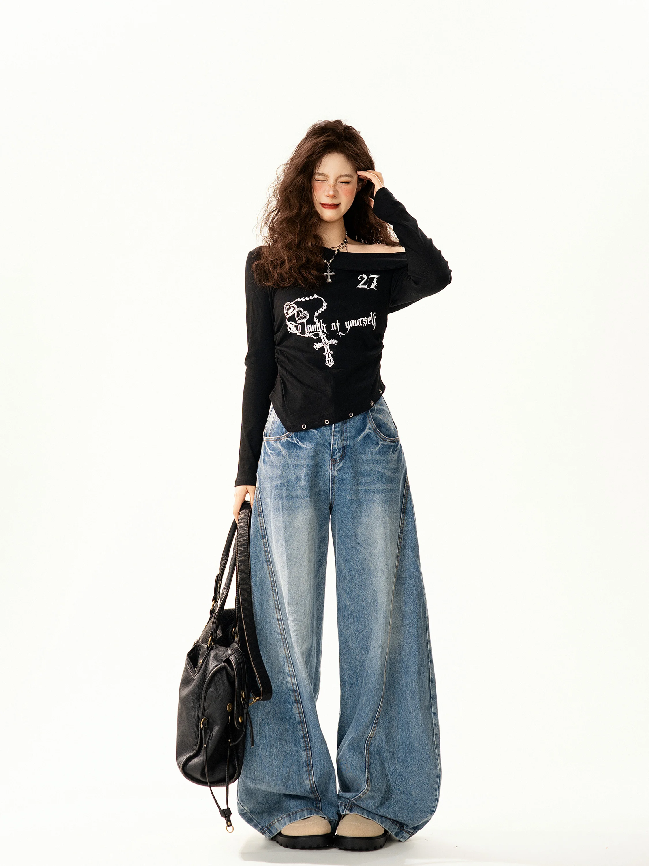 Ретро-футболка с американским буквенным принтом, асимметричным вырезом на плече и длинными рукавами, женская, приталенная, универсальная, для повседневной носки, весенняя одежда
Ретро-футболка с американским буквенным принтом, асимметричным вырезом на плече и длинными рукавами, женская, приталенная, универсальная, для повседневной носки, весенняя одежда