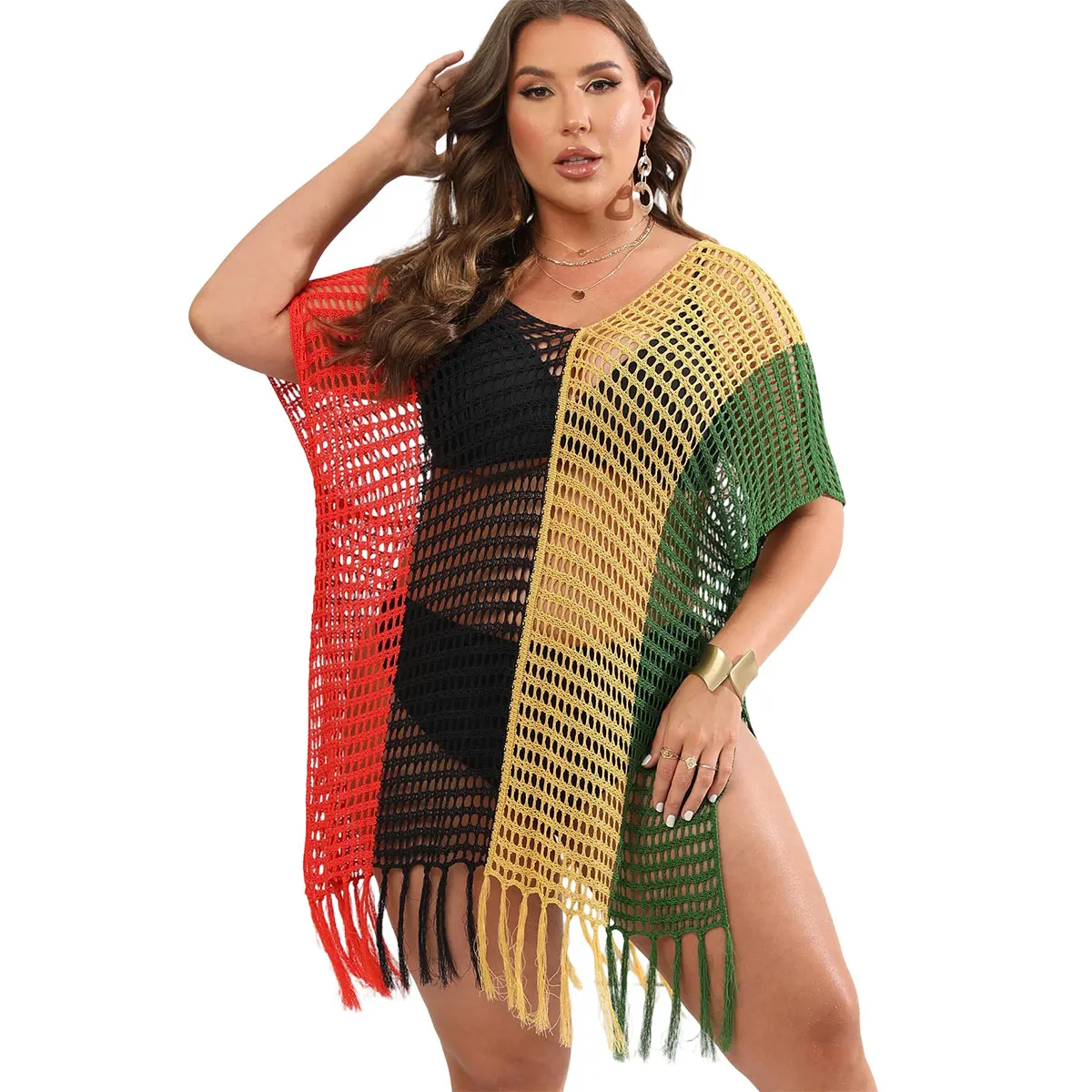 Plus Size 4 Color Patchwork V Neck Bikini Cover-Up Sexy Hollow out Tunic Sundress with Tassels Knitted Beach Dress for Women
Plus Size 4 Color Patchwork V Neck Bikini Cover-Up Sexy Hollow out Tunic Sundress with Tassels Knitted Beach Dress for Women