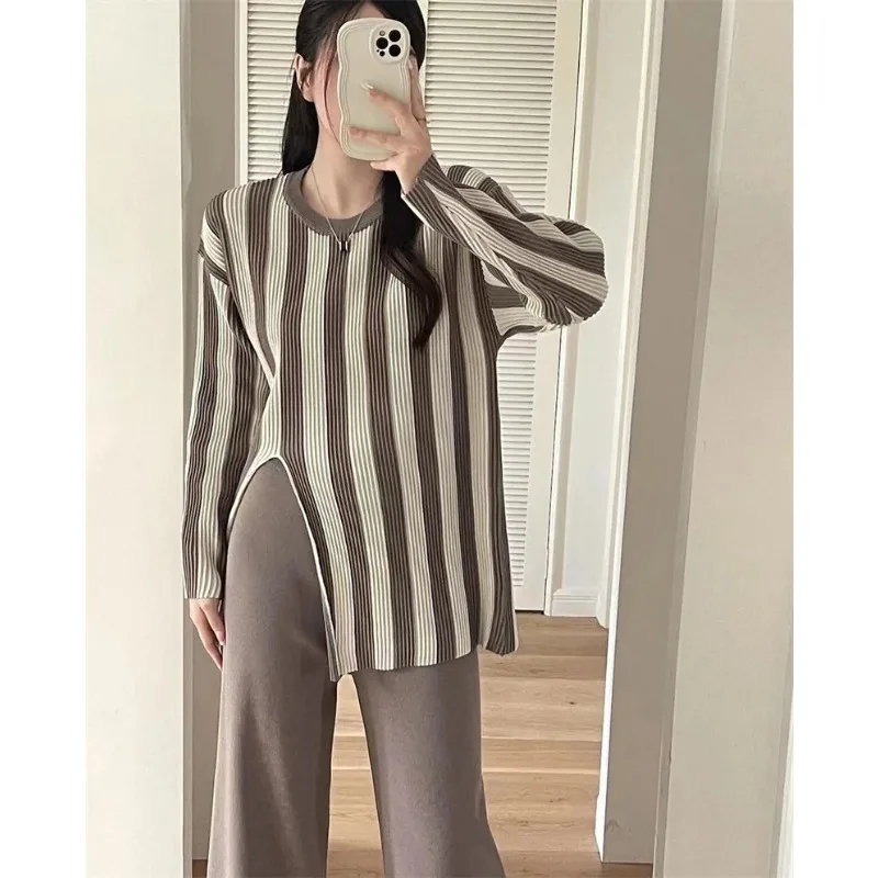 Women O-neck Striped Lapel Long Sleeve Split Top Pullover+high Waist Wide Leg Pants Two Piece Set Autumn Winter Streetwear N708
Women O-neck Striped Lapel Long Sleeve Split Top Pullover+high Waist Wide Leg Pants Two Piece Set Autumn Winter Streetwear N708