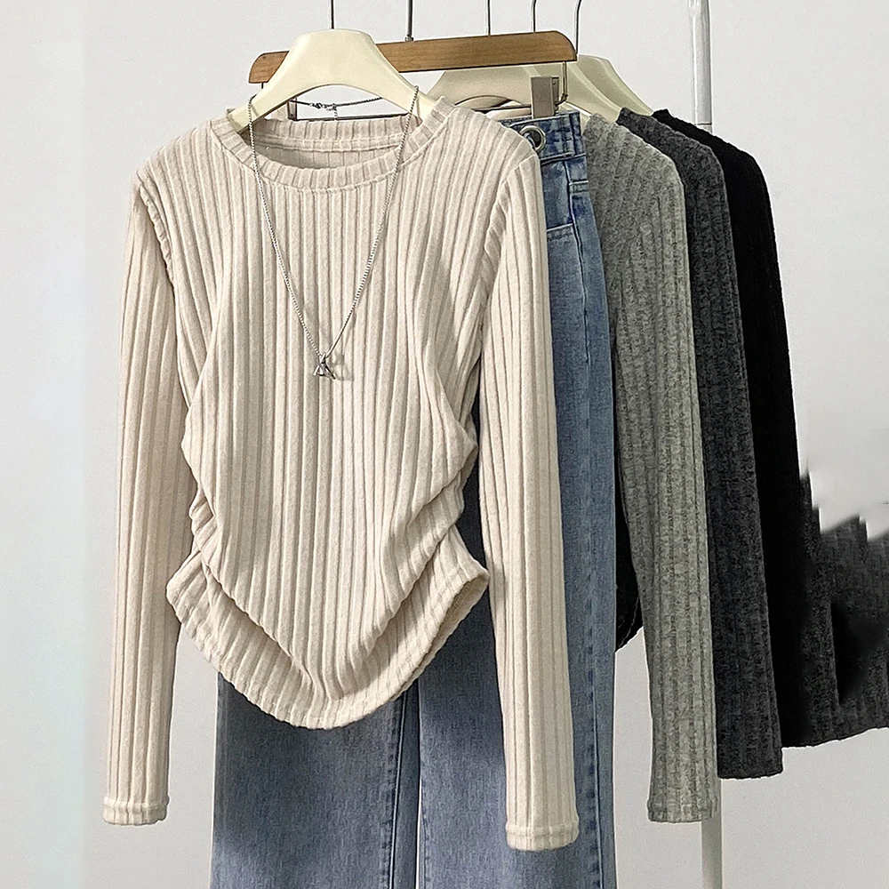 Drawstring Pleats Slim Base Sweaters Women Autumn Winter Round Neck Vertical Stripe Thin Knit Sweater Long Sleeve T-shirt Tops
Drawstring Pleats Slim Base Sweaters Women Autumn Winter Round Neck Vertical Stripe Thin Knit Sweater Long Sleeve T-shirt Tops