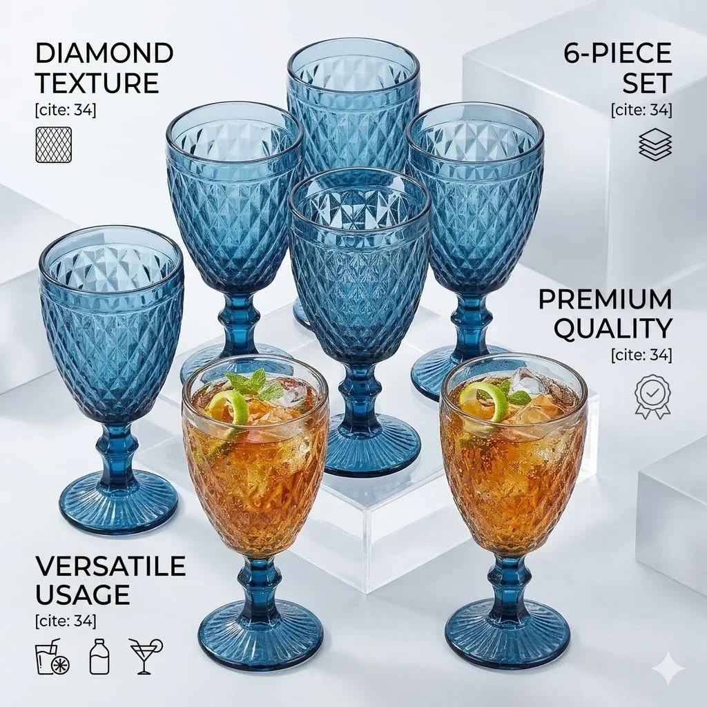 6Pcs Blue Wine Glasses Set Vintage Embossed Glassware 10oz Colored Drinking Goblet Lead Free Stemmed Water Cup Wedding Party Bar
6Pcs Blue Wine Glasses Set Vintage Embossed Glassware 10oz Colored Drinking Goblet Lead Free Stemmed Water Cup Wedding Party Bar