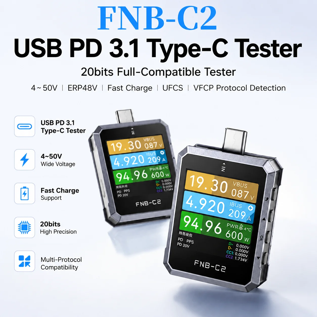FNIRSI FNB-C2 Portable 240W Type-C Power Meter PD3.1 QC5.0 Fast Charging Analyzer USB Chargers&Smartphones,Bank Phone Test
FNIRSI FNB-C2 Portable 240W Type-C Power Meter PD3.1 QC5.0 Fast Charging Analyzer USB Chargers&Smartphones,Bank Phone Test