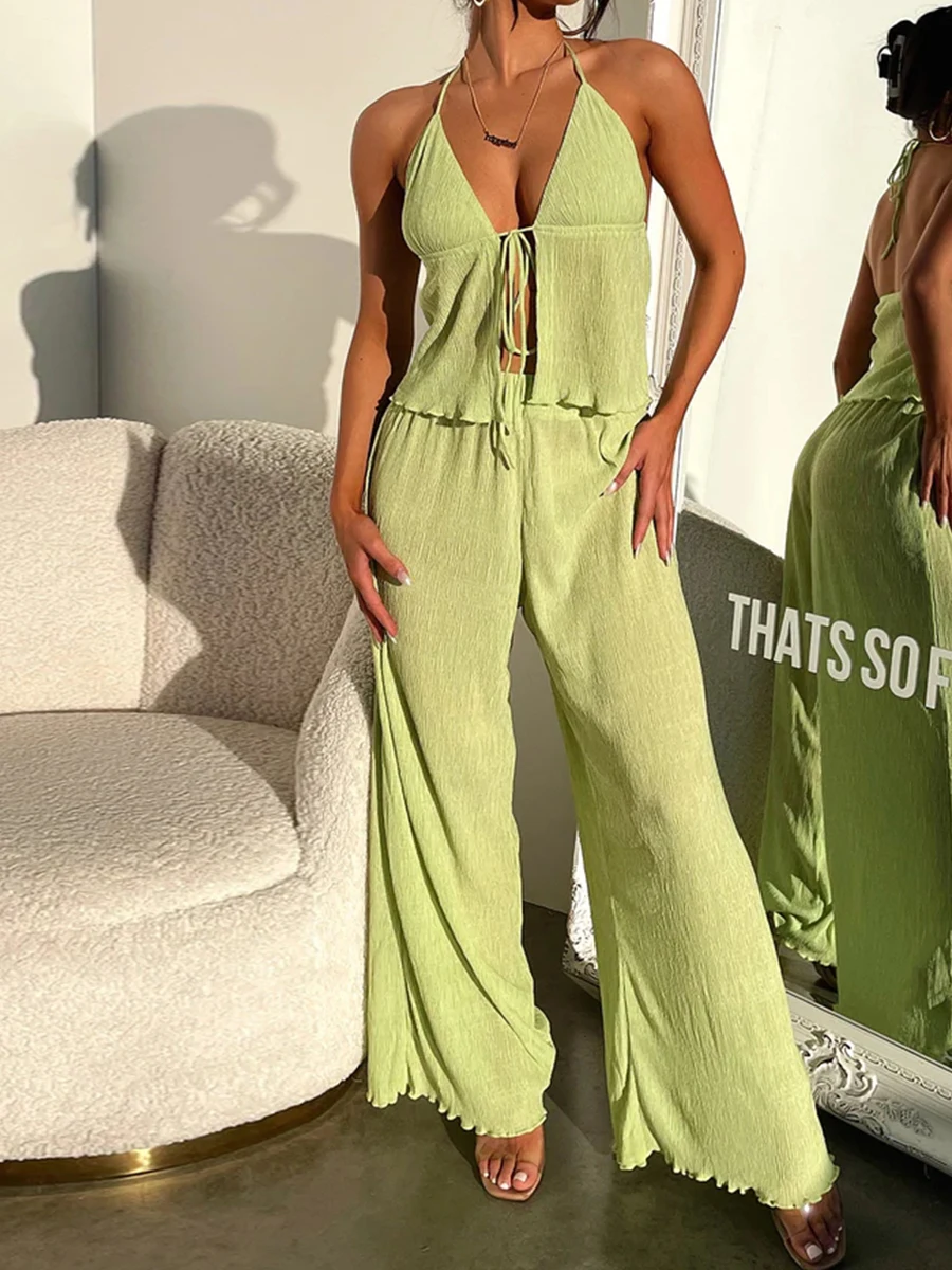 Women Summer 2 Pieces Outfits Solid Color Tie-Up Halter Neck Backless Sleeveless Tank Tops and High Waist Wide-Leg Pants Set
Women Summer 2 Pieces Outfits Solid Color Tie-Up Halter Neck Backless Sleeveless Tank Tops and High Waist Wide-Leg Pants Set
