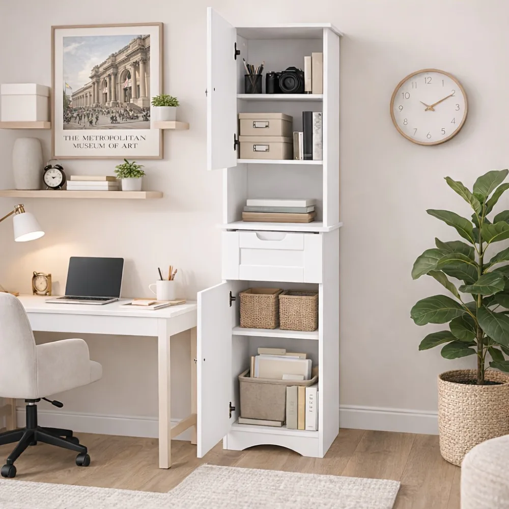 Tall Slim Bathroom Storage Cabinet, Freestanding Linen Tower with 2 Doors, Drawer & Open Shelves
Tall Slim Bathroom Storage Cabinet, Freestanding Linen Tower with 2 Doors, Drawer & Open Shelves