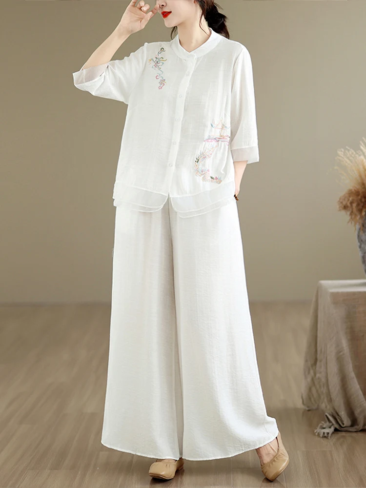 Elegant Chinese Style Women's Summer Casual Cotton Linen Shirt And Pants Two-Piece Set High Waist Wide Leg Breathable Light
Elegant Chinese Style Women's Summer Casual Cotton Linen Shirt And Pants Two-Piece Set High Waist Wide Leg Breathable Light