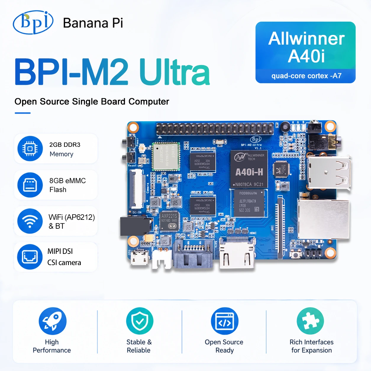 Banana Pi BPI-M2 Ultra Mini Single Board Computer Quad-core AllWinner A40i Open Source Hardware
Banana Pi BPI-M2 Ultra Mini Single Board Computer Quad-core AllWinner A40i Open Source Hardware