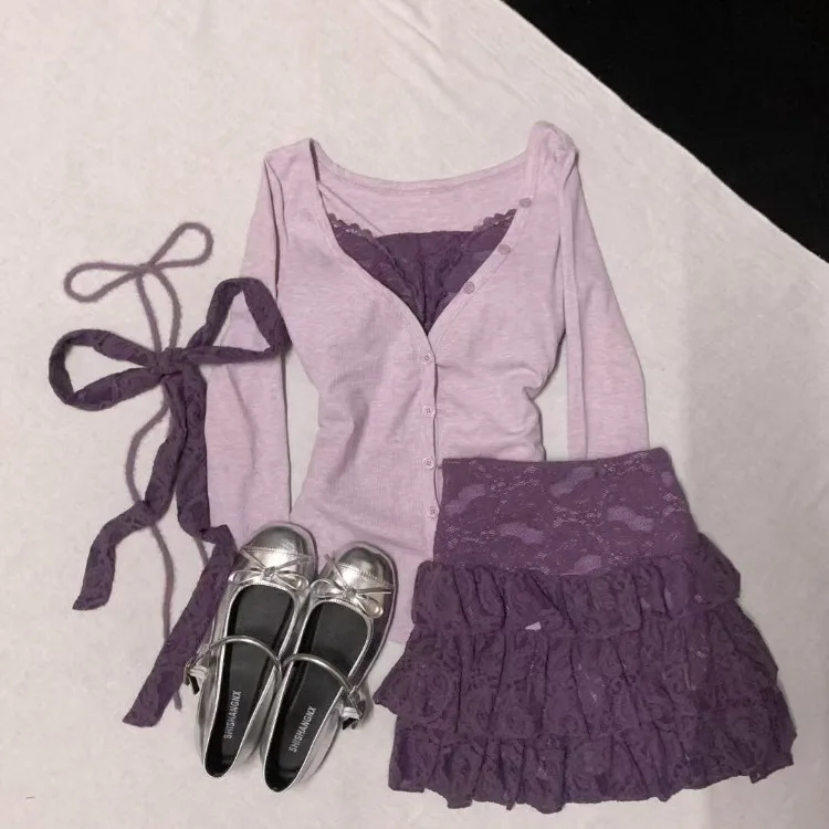 Single Breasted Long Sleeve Cardigan Tops Women+ Slim Fit Purple Vest+ High Waist Lace Skirts 2025 Spring New Three Piece Sets
Single Breasted Long Sleeve Cardigan Tops Women+ Slim Fit Purple Vest+ High Waist Lace Skirts 2025 Spring New Three Piece Sets