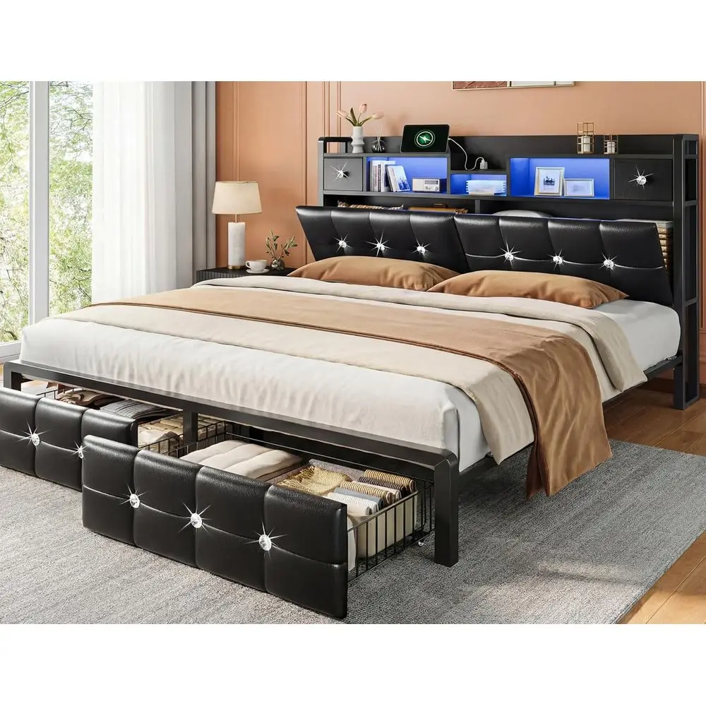 King Size Platform Bed with LED Lights, Charging Station, and Hidden Storage in Diamond-Studded Leather, No Box Spring Needed, E
King Size Platform Bed with LED Lights, Charging Station, and Hidden Storage in Diamond-Studded Leather, No Box Spring Needed, E