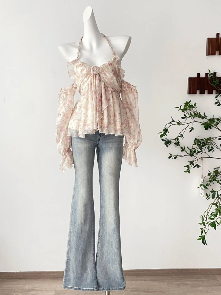 Summer Vintage Elegant Woman Blouse Floral Halter Korea Fashion Casual Tops Female Ruffle Chiffon Slim Chic Beach Style Outfits
Summer Vintage Elegant Woman Blouse Floral Halter Korea Fashion Casual Tops Female Ruffle Chiffon Slim Chic Beach Style Outfits