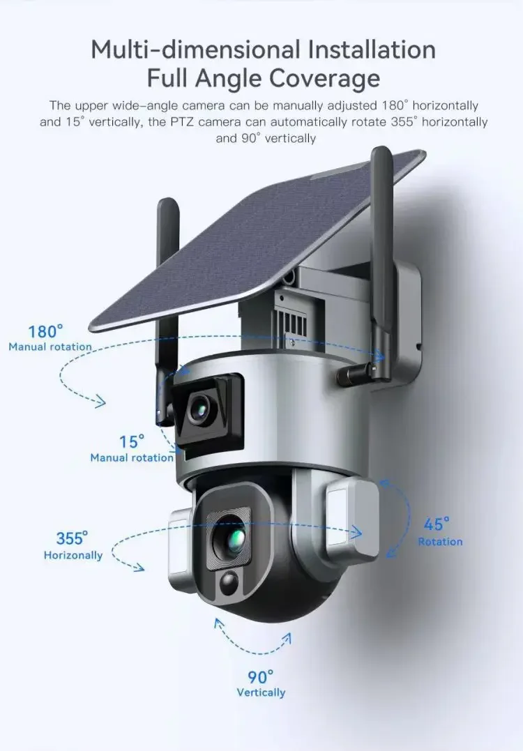 Waterproof IP66 4K 10X Zoom Outdoor Security Wifi Camera Dual Lens CCTV Two Way Audio Wireless Solar Power PTZ Camera
Waterproof IP66 4K 10X Zoom Outdoor Security Wifi Camera Dual Lens CCTV Two Way Audio Wireless Solar Power PTZ Camera