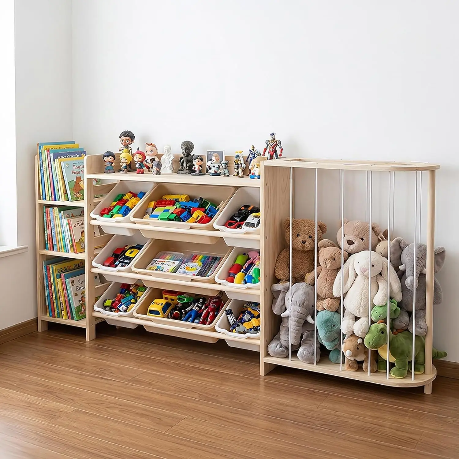 Kid's Toy Storage Organizer with Bookcase & Plush Stuffed Animal Zoo, Multi-Bin Toy Storage Shelf for Toddlers, 4-in-1 Wooden Di
Kid's Toy Storage Organizer with Bookcase & Plush Stuffed Animal Zoo, Multi-Bin Toy Storage Shelf for Toddlers, 4-in-1 Wooden Di