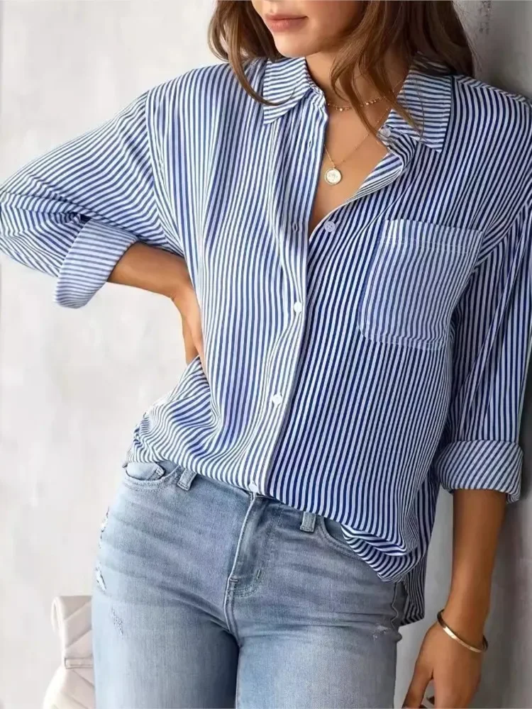 Women's Blouse Striped Classic Print Button Patch Pocket Shirt Top Spring Summer Long Sleeve Lapel Loose Casual Daily Shirt Tops
Women's Blouse Striped Classic Print Button Patch Pocket Shirt Top Spring Summer Long Sleeve Lapel Loose Casual Daily Shirt Tops