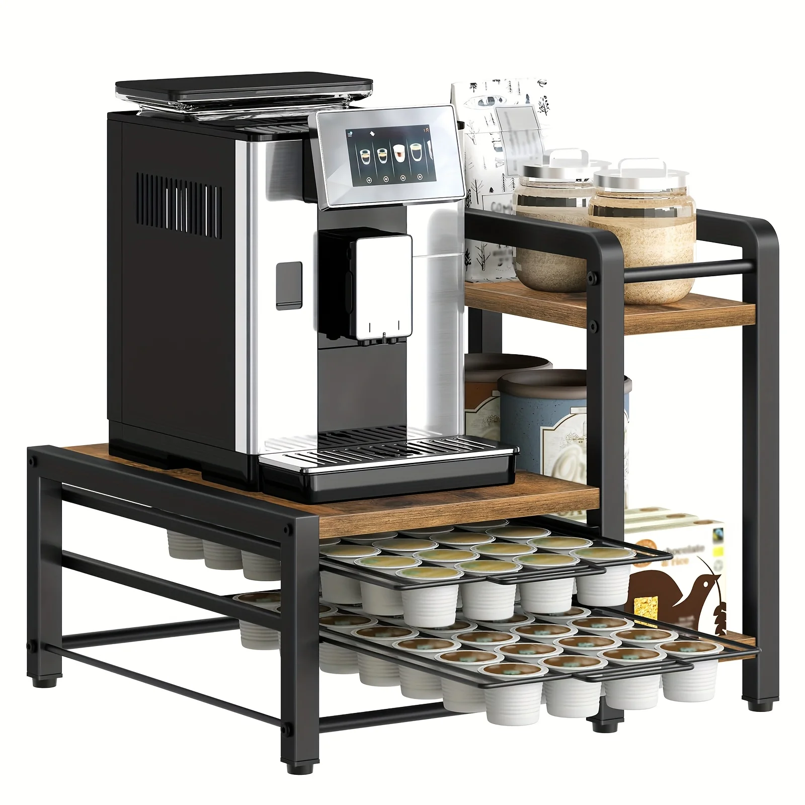 Organizer for Coffee Pods Featuring Two Sliding Drawers And a Countertop, Accommodating 56 Coffee Capsules, Designed for K-Cups, with a Vintage Brown And Black Aesthetic
Organizer for Coffee Pods Featuring Two Sliding Drawers And a Countertop, Accommodating 56 Coffee Capsules, Designed for K-Cups, with a Vintage Brown And Black Aesthetic