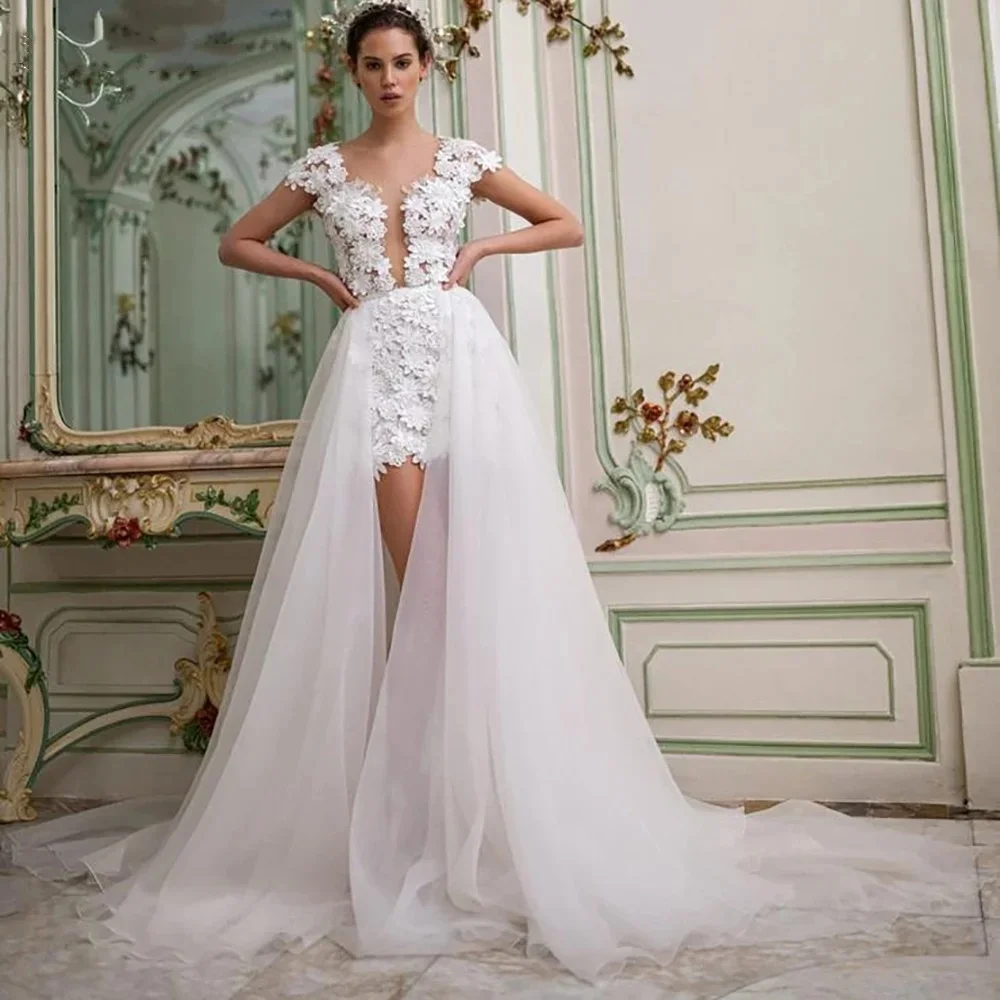 2024 Detachable Train Wedding Dress For Women Elegant Sheath Mini 3D Flowers Applique Cap Sleeves Bridal Dress Vestidos De Mujer
2024 Detachable Train Wedding Dress For Women Elegant Sheath Mini 3D Flowers Applique Cap Sleeves Bridal Dress Vestidos De Mujer
