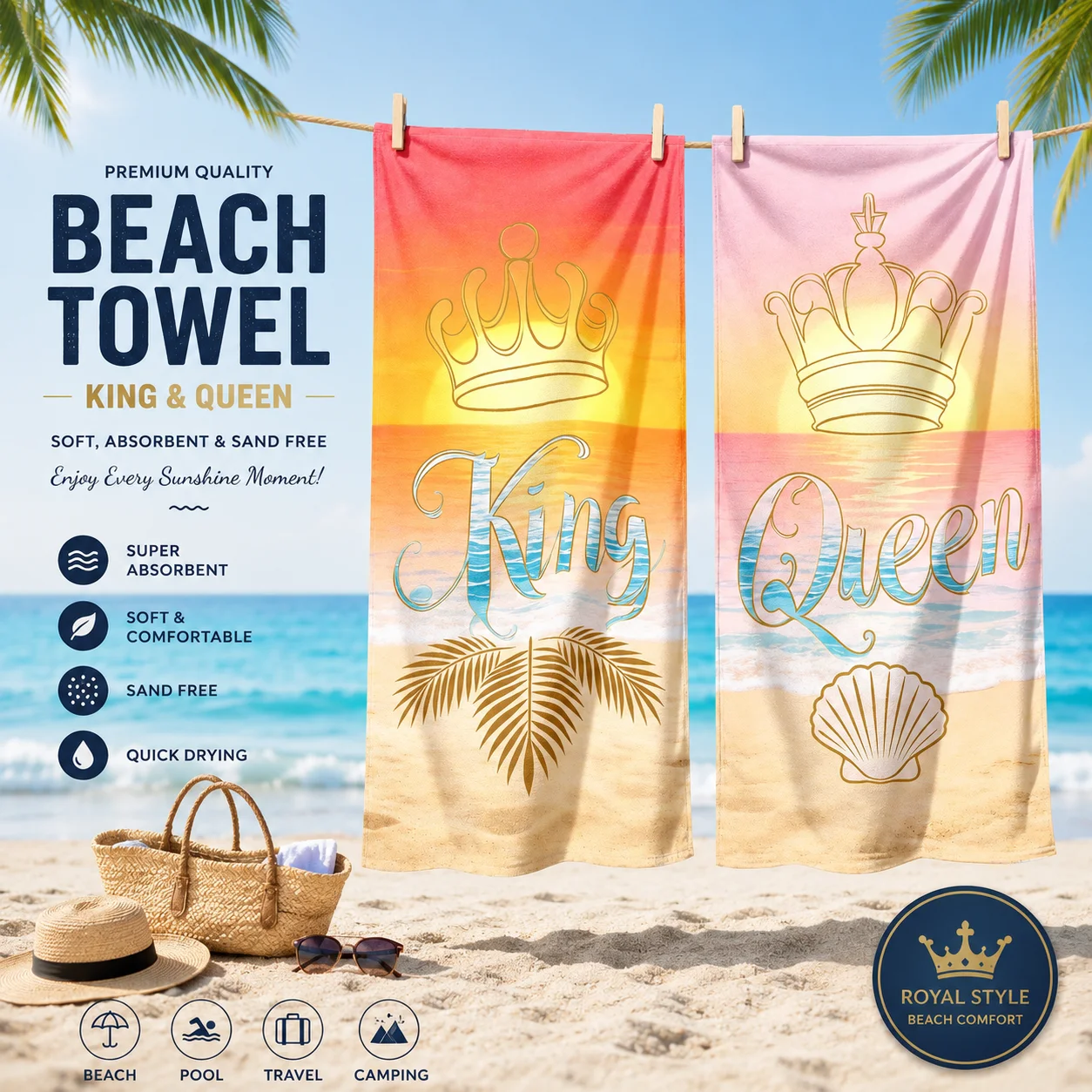 2pcs Sunset Coconut Shell Crown King & Queen Couple Themed Beach Towels | Quick-Drying, Ultra-Soft Polyester | for Yoga, Travel
2pcs Sunset Coconut Shell Crown King & Queen Couple Themed Beach Towels | Quick-Drying, Ultra-Soft Polyester | for Yoga, Travel