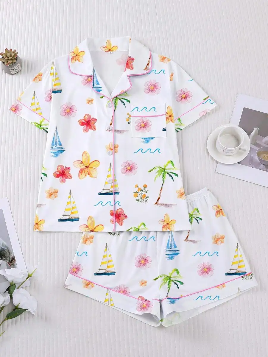 Womens 2-Piece Sleepwear Set Hawaiian Flower Sailboat Print Short Sleeve Button-Up Top Elastic Shorts Loungewear
Womens 2-Piece Sleepwear Set Hawaiian Flower Sailboat Print Short Sleeve Button-Up Top Elastic Shorts Loungewear