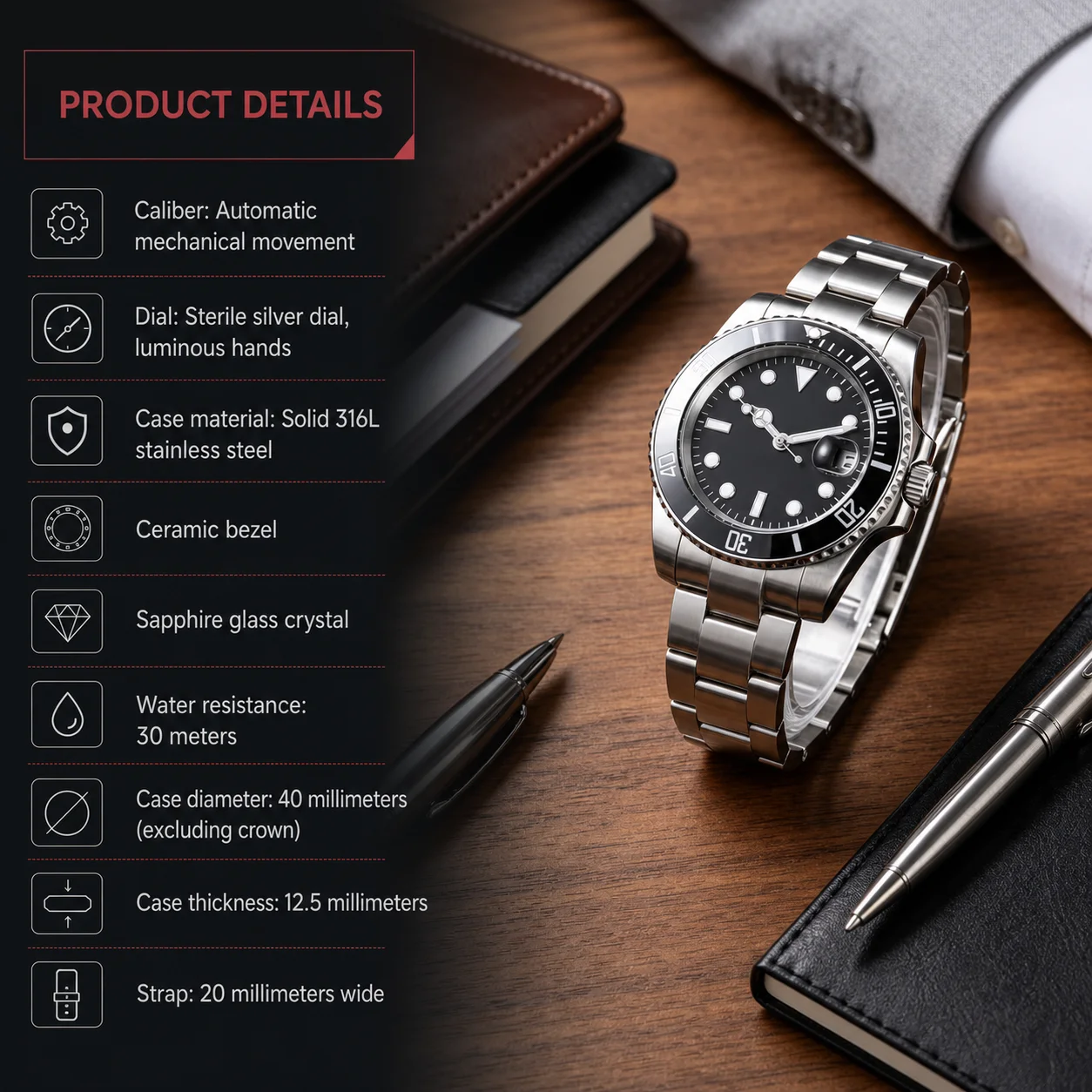 Men's 300M Waterproof Diving Watch Automatic Mechanical Stainless Steel Case Ceramic Bezel Luminous Business Watch
Men's 300M Waterproof Diving Watch Automatic Mechanical Stainless Steel Case Ceramic Bezel Luminous Business Watch