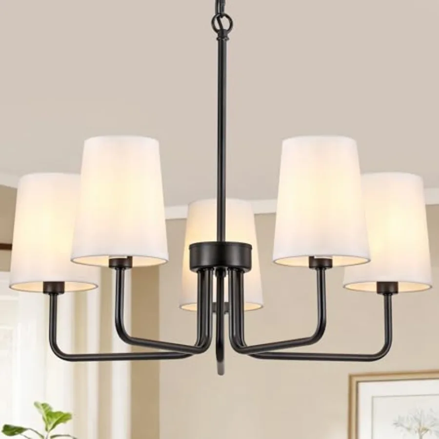 5-Light Farmhouse Chandelier for Kitchen, Dining Room, Foyer; Matte Black Metal with White Linen Shades; Adjustable Hanging Isl
5-Light Farmhouse Chandelier for Kitchen, Dining Room, Foyer; Matte Black Metal with White Linen Shades; Adjustable Hanging Isl