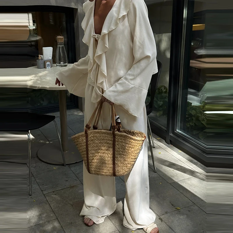 Sexy V-neck Long Sleeve Tops & Long Pant Suit Women Elegant Lace-Up Solid 2Pc Sets Office Fashion Commuter Loose Hollow Outfits 
Sexy V-neck Long Sleeve Tops & Long Pant Suit Women Elegant Lace-Up Solid 2Pc Sets Office Fashion Commuter Loose Hollow Outfits