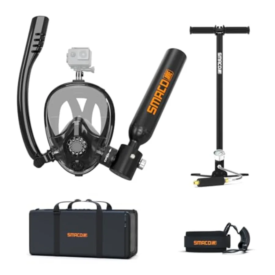 Snorkeling: aluminum, black, 0.5L DOT-certified mini scuba tank with full-face snorkel mask and high-pressure hand pump
Snorkeling: aluminum, black, 0.5L DOT-certified mini scuba tank with full-face snorkel mask and high-pressure hand pump