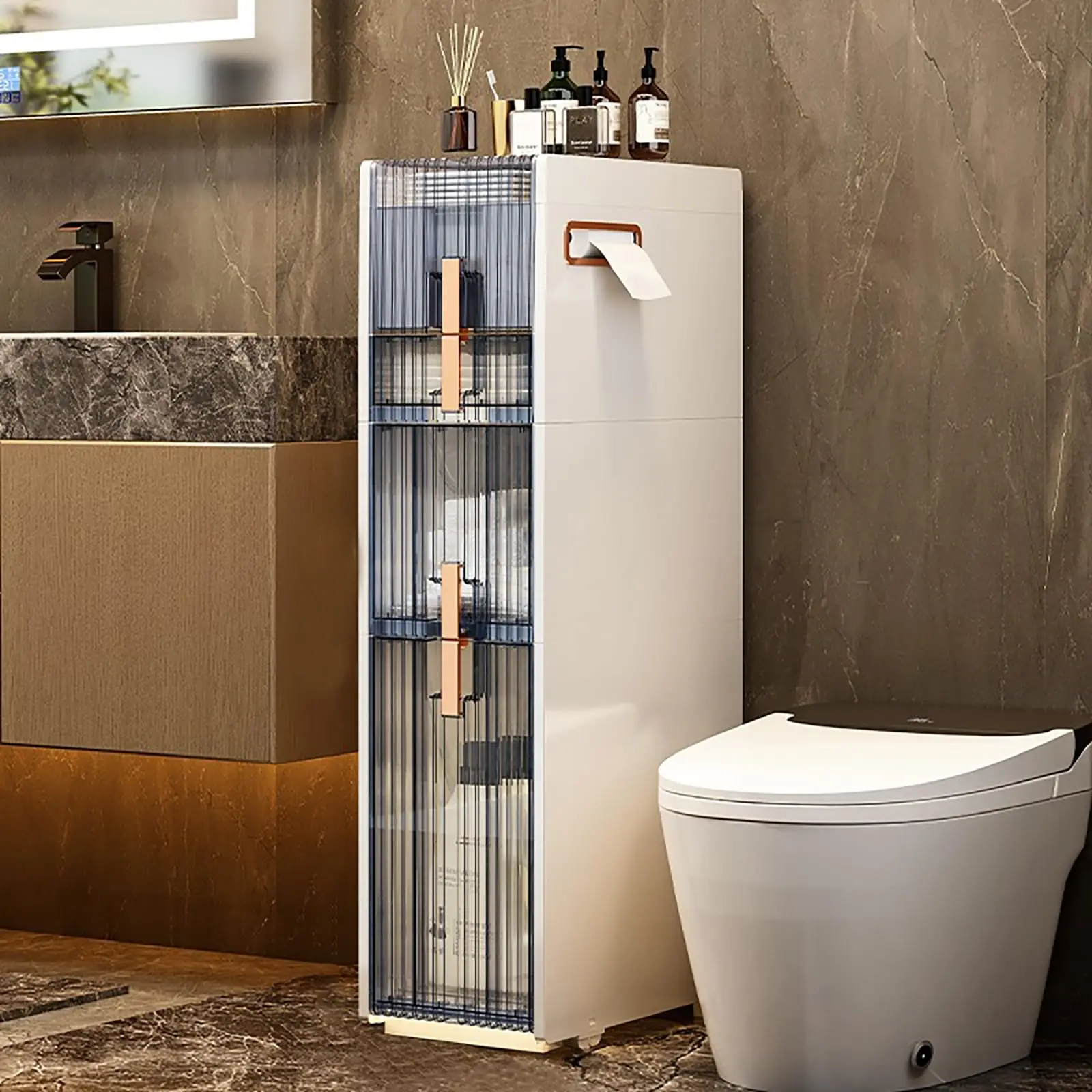 4-х ярусный тонкий шкаф для хранения в ванной комнате с прозрачными ящиками, напольный узкий шкаф с колесиками, держатель для туалетной бумаги с большим количеством
4-х ярусный тонкий шкаф для хранения в ванной комнате с прозрачными ящиками, напольный узкий шкаф с колесиками, держатель для туалетной бумаги с большим количеством