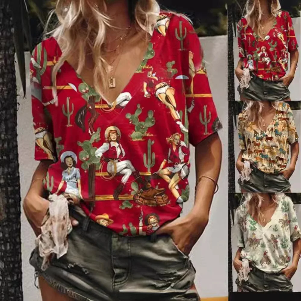 Womens Western Style Cowboy V Neck T Shirt Digital Print Short Sleeve Top Summer Fashion Ladies Tee Casual Tops
Womens Western Style Cowboy V Neck T Shirt Digital Print Short Sleeve Top Summer Fashion Ladies Tee Casual Tops