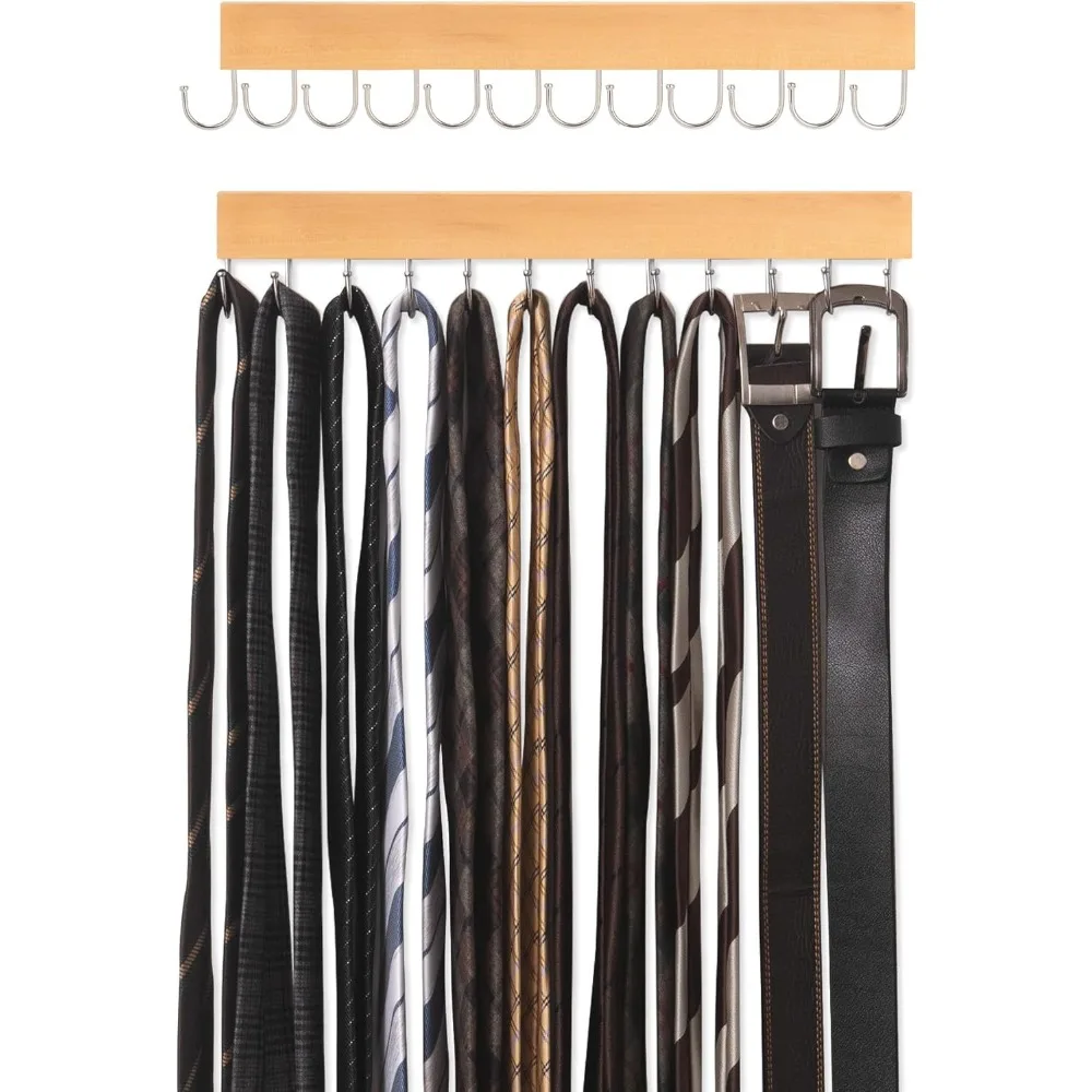 Tie Rack with 12 Hooks, 2-Pack Wall-Mounted Wooden Hangers for Neckties, Belts, Hats
Tie Rack with 12 Hooks, 2-Pack Wall-Mounted Wooden Hangers for Neckties, Belts, Hats