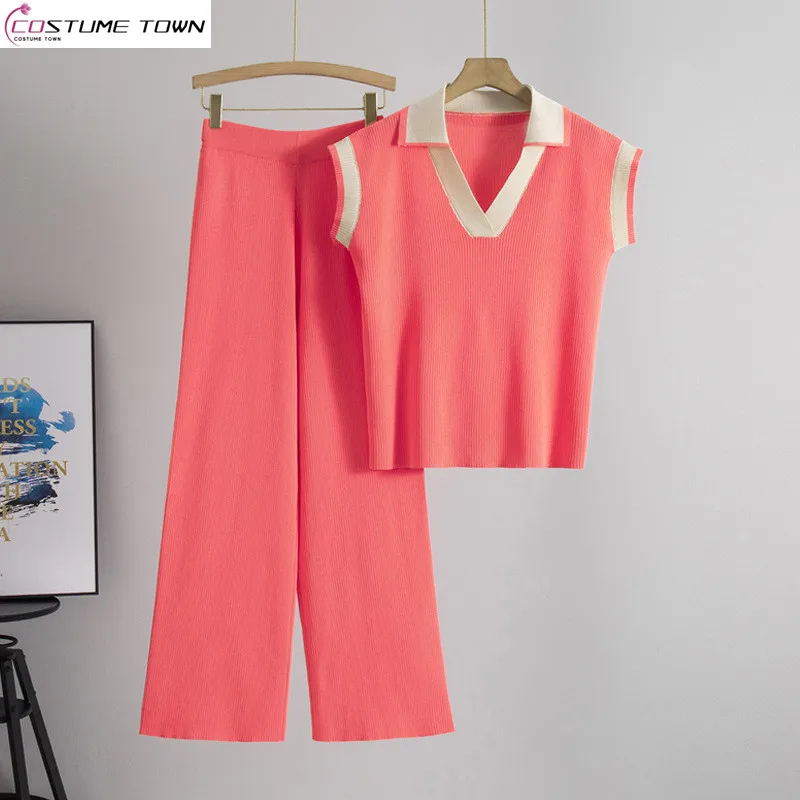 Summer new cross-border polo collar knitted top+fashionable wide leg pants two-piece set
Summer new cross-border polo collar knitted top+fashionable wide leg pants two-piece set