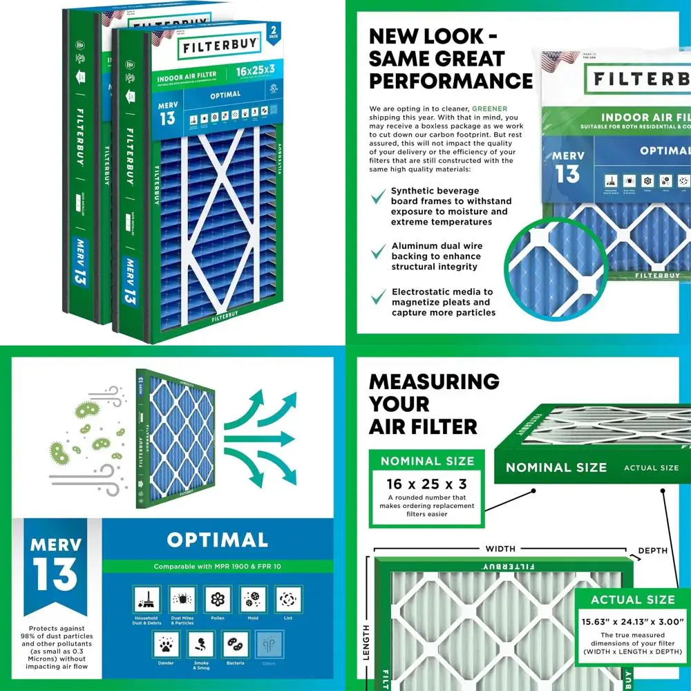 16x25x3 MERV 13 Air Filter, 2-Pack, Ideal for Smoke and Allergy Relief, Compatible with HVAC Systems
16x25x3 MERV 13 Air Filter, 2-Pack, Ideal for Smoke and Allergy Relief, Compatible with HVAC Systems