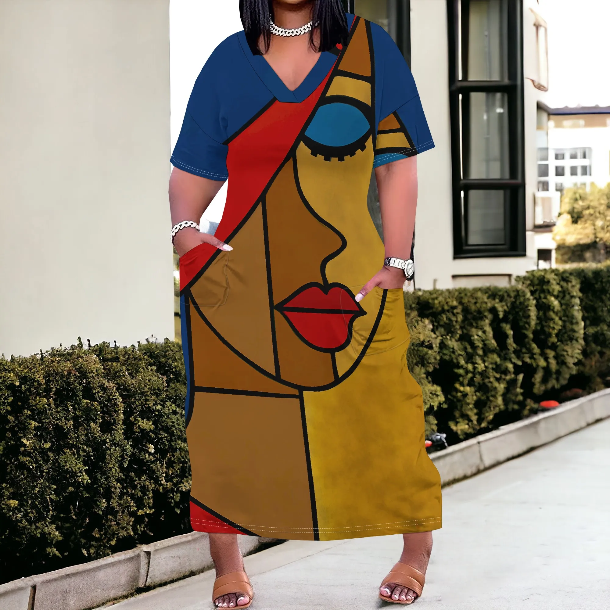 Abstract Art Women's Maxi Dress XL-6XL, V-Neck Casual Summer Dress with Pockets, Colorful Geometric Face Design
Abstract Art Women's Maxi Dress XL-6XL, V-Neck Casual Summer Dress with Pockets, Colorful Geometric Face Design