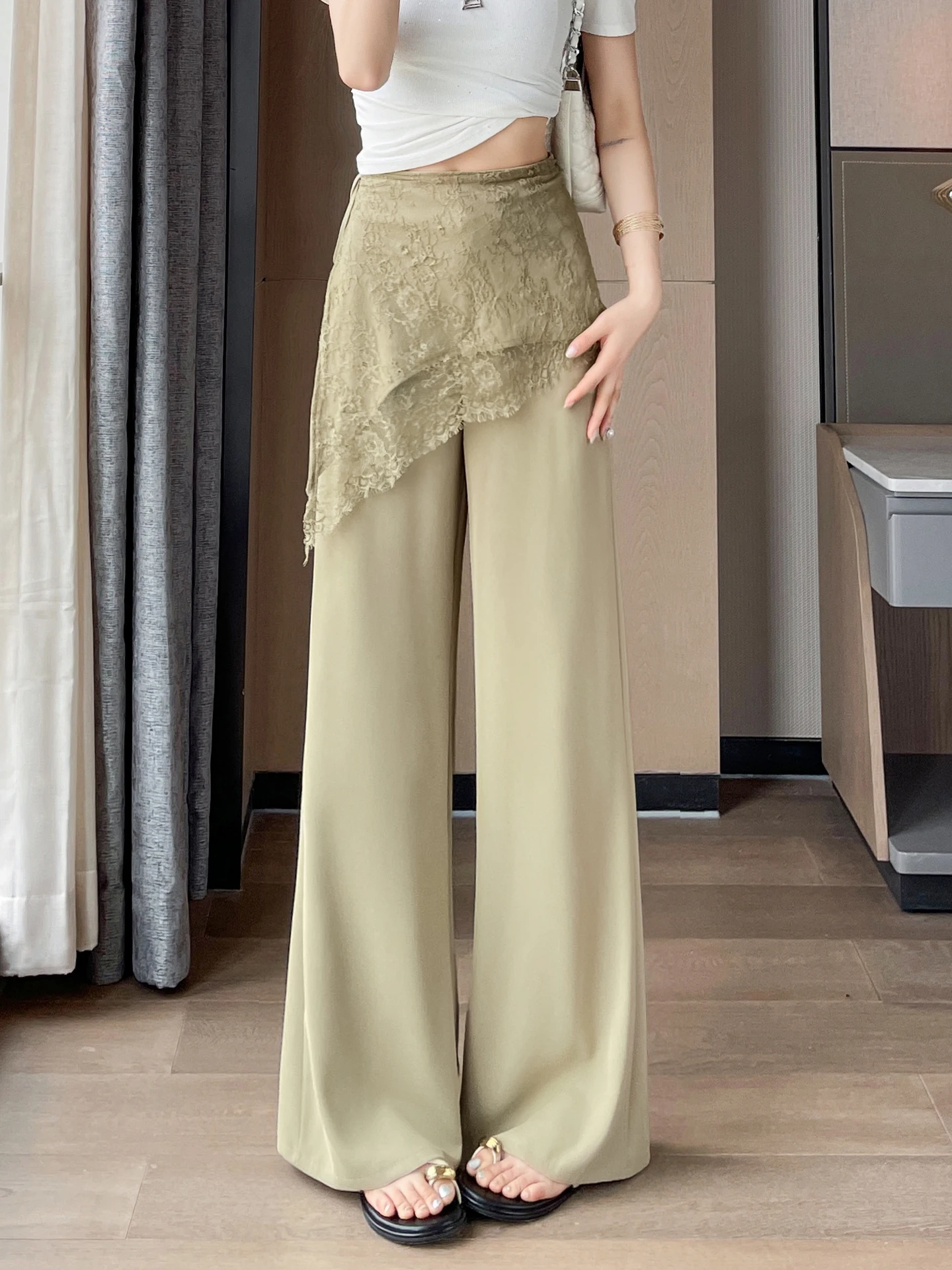 High Waist Wide Leg Pants Asymmetrical Lace Ice Silk Casual Trousers for Women Summer Thin Loose Drapey Floor-Length
High Waist Wide Leg Pants Asymmetrical Lace Ice Silk Casual Trousers for Women Summer Thin Loose Drapey Floor-Length