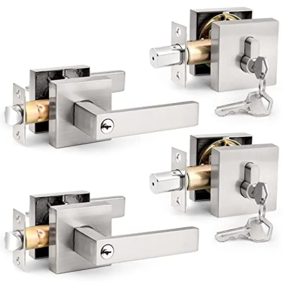 Square Entry Levers and Double Cylinder Deadbolts Combo Pack, Satin Nickel Keyed Alike Heavy Duty Keyed Entry Handles Locksets
Square Entry Levers and Double Cylinder Deadbolts Combo Pack, Satin Nickel Keyed Alike Heavy Duty Keyed Entry Handles Locksets