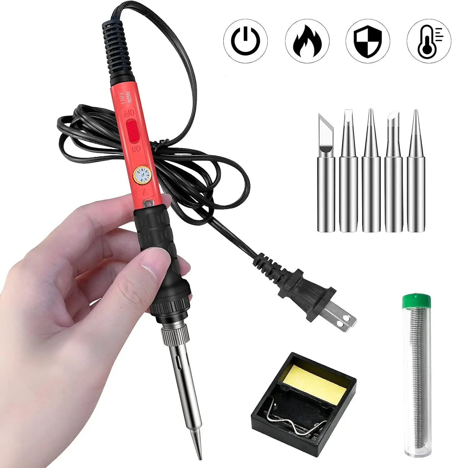 Soldering Kit, 60W Soldering Iron 110V with Ceramic Heater, 5 Tips, Stand, Solder Tube, Sponge for Electronic Repair, Heats Up
Soldering Kit, 60W Soldering Iron 110V with Ceramic Heater, 5 Tips, Stand, Solder Tube, Sponge for Electronic Repair, Heats Up