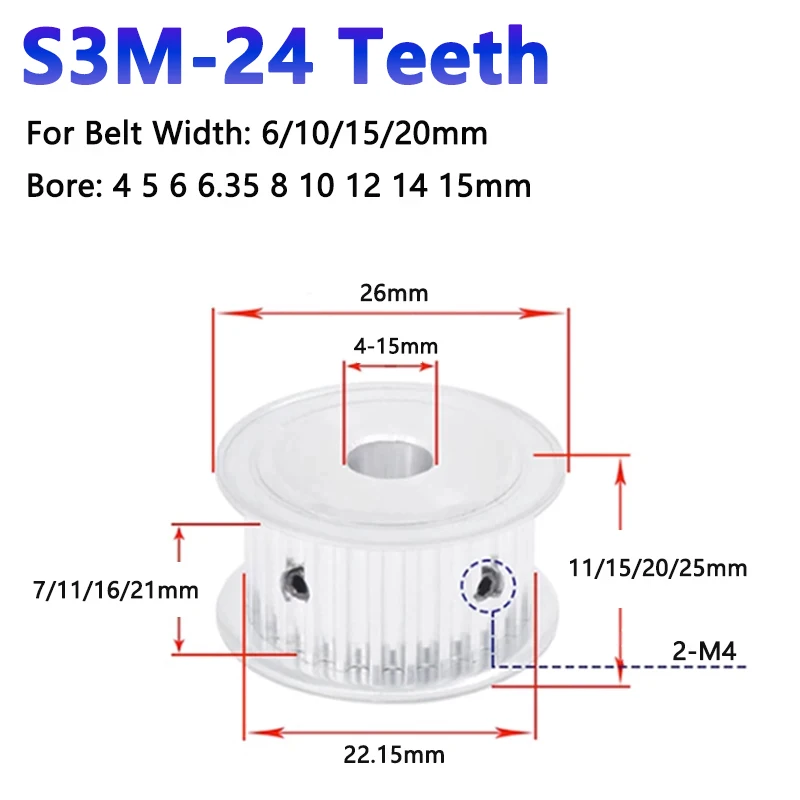 1pc 24 Teeth S3M Timing Pulley Aluminum Alloy 24T Synchronous Wheel For Belt Width 6 10 15 20mm Bore 4-15mm AF Type Pitch 3mm
1pc 24 Teeth S3M Timing Pulley Aluminum Alloy 24T Synchronous Wheel For Belt Width 6 10 15 20mm Bore 4-15mm AF Type Pitch 3mm