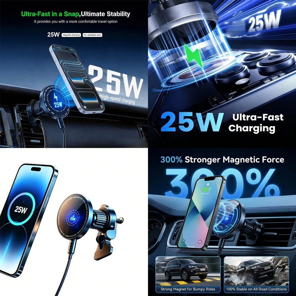 25W Magnetic Wireless Car Charger Super Fast Air Vent Phone Holder for iPhone 17 16 15 14 13 12 Pro Max Models 360 Rotation
25W Magnetic Wireless Car Charger Super Fast Air Vent Phone Holder for iPhone 17 16 15 14 13 12 Pro Max Models 360 Rotation