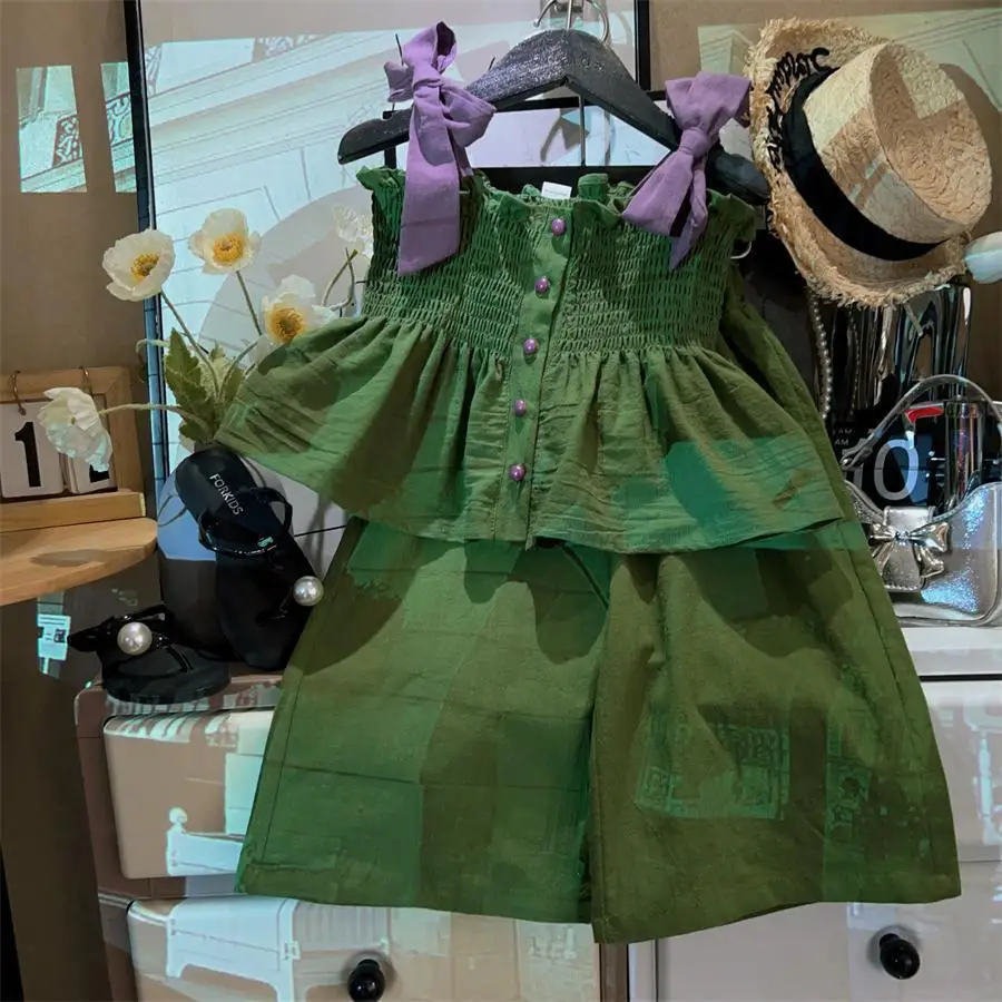 2025 Summer New Girls Korean Children Clothing Temperament Baby Drawstring Camisole Bow Vest Wide Leg Pants Two Piece Set
2025 Summer New Girls Korean Children Clothing Temperament Baby Drawstring Camisole Bow Vest Wide Leg Pants Two Piece Set