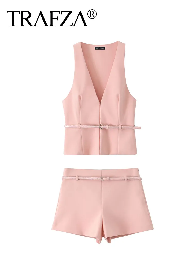 TRAFZA Elegant Women Summer Shorts Suit V-Neck Sleeveless Belt Decoration Vest Top+High Waist Pockets Side Zipper Slim Shorts
TRAFZA Elegant Women Summer Shorts Suit V-Neck Sleeveless Belt Decoration Vest Top+High Waist Pockets Side Zipper Slim Shorts