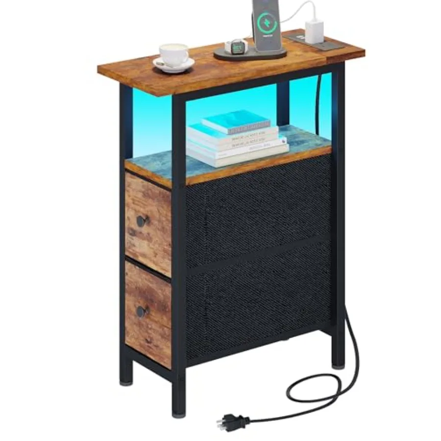End Table with Charging Station, Narrow Side Table with 2 Fabric Drawers, Skinny Nightstand with LED Light, Slim Bedside Table
End Table with Charging Station, Narrow Side Table with 2 Fabric Drawers, Skinny Nightstand with LED Light, Slim Bedside Table