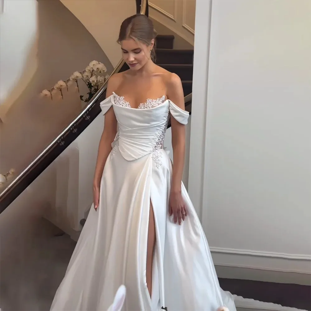 High Slit Wedding Dress Backless Off-Shoulder Boat Neck Bridal Dress Long Ruched Lace A-line Bride Wedding Dresses
High Slit Wedding Dress Backless Off-Shoulder Boat Neck Bridal Dress Long Ruched Lace A-line Bride Wedding Dresses