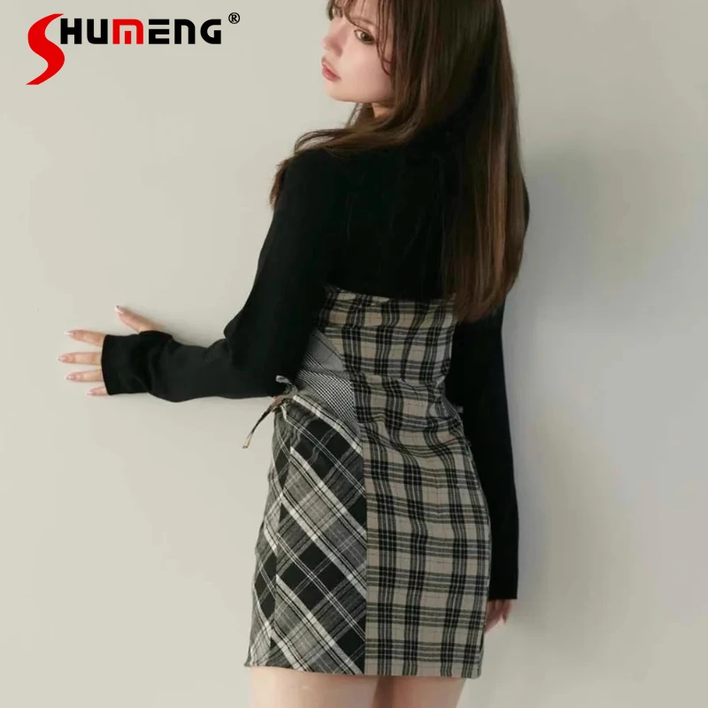 Japanese Style Unique Design Retro Plaid Patchwork Two-Piece Dresses Women's Knitted Long Sleeves Waist-Cinching Bodycon Dress 
Japanese Style Unique Design Retro Plaid Patchwork Two-Piece Dresses Women's Knitted Long Sleeves Waist-Cinching Bodycon Dress