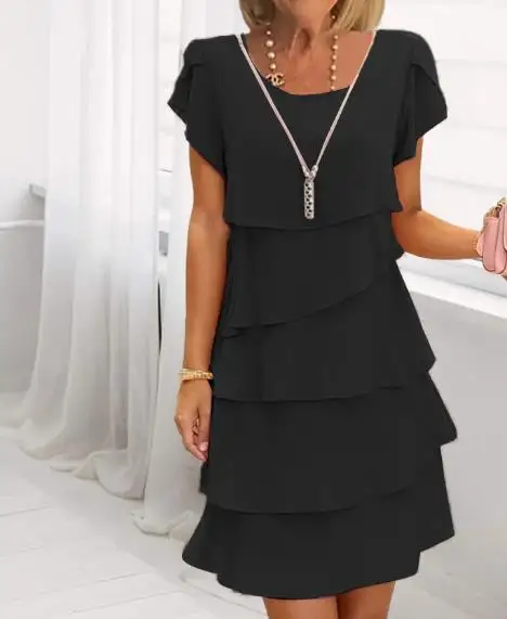Summer Short Sleeved Cake Dress Solid Color Women's Dress Elegant Slim Fit Round Neck Pleated Slim Fit Cake Layered Dress
Summer Short Sleeved Cake Dress Solid Color Women's Dress Elegant Slim Fit Round Neck Pleated Slim Fit Cake Layered Dress