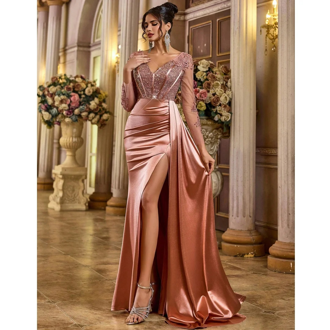 V Neck Sequin Bodice Evening Dresses with Slit Woman Satin vestidos de noche Long Sleeve Prom Dress Formal Party Gown Customized
V Neck Sequin Bodice Evening Dresses with Slit Woman Satin vestidos de noche Long Sleeve Prom Dress Formal Party Gown Customized