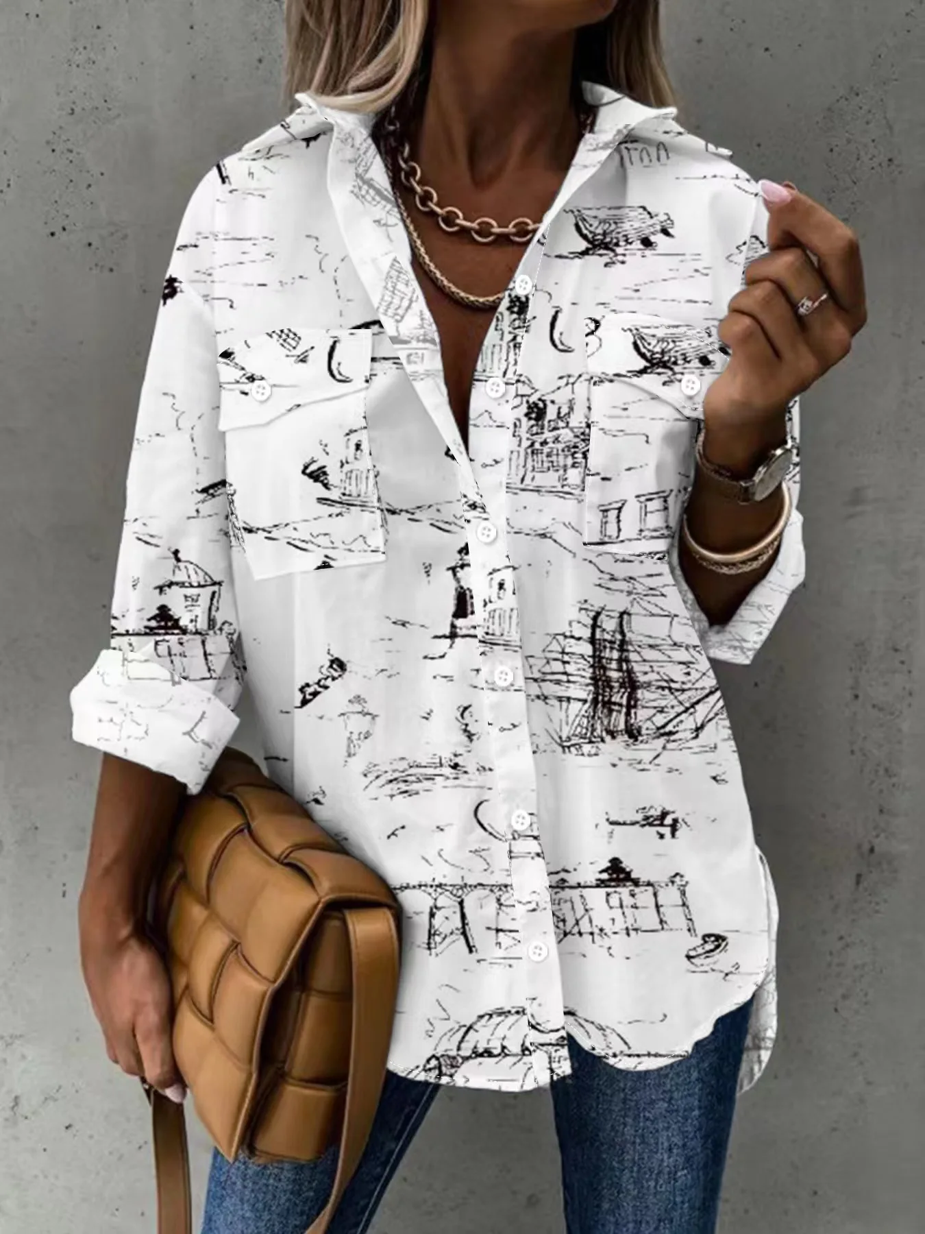Women's shirt-sketch print button double pocket, short front and long back, casual long sleeve shirt 
Women's shirt-sketch print button double pocket, short front and long back, casual long sleeve shirt