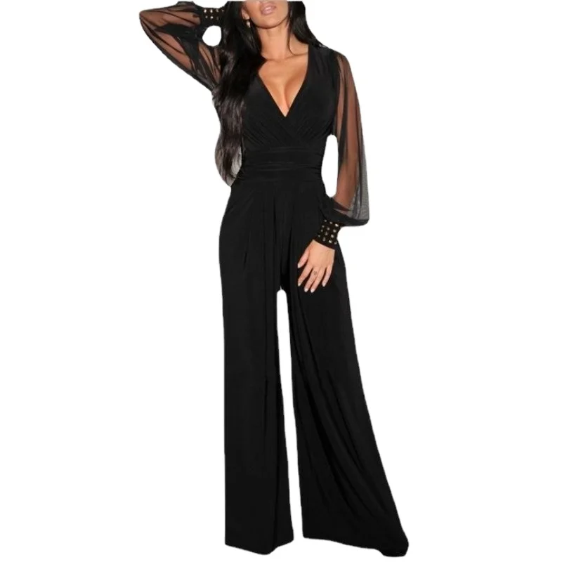 Women Black Mesh Long Sleeve Slim Fit Jumpsuit Deep V Neck Ruched Waist Wide Leg Pants Evening Party Formal Outfit Stud Cuffs
Women Black Mesh Long Sleeve Slim Fit Jumpsuit Deep V Neck Ruched Waist Wide Leg Pants Evening Party Formal Outfit Stud Cuffs
