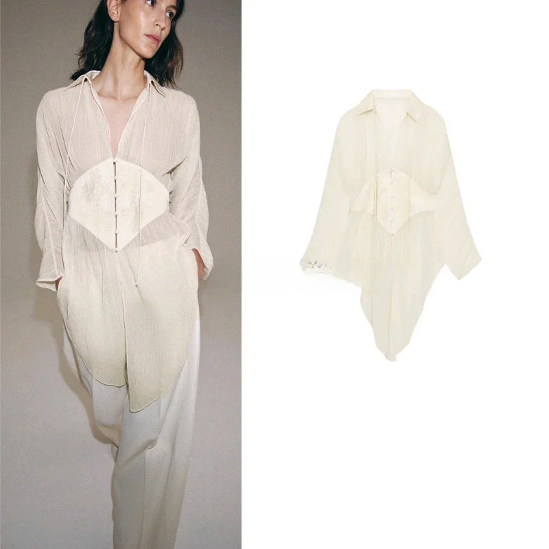 Summer New Women's Asymmetric Hem Flip V-neck Bat Long Sleeve Semi-transparent Waist-cinching Shirt Breathable Polyester Fiber
Summer New Women's Asymmetric Hem Flip V-neck Bat Long Sleeve Semi-transparent Waist-cinching Shirt Breathable Polyester Fiber