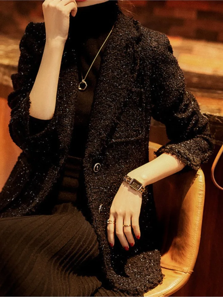 Black women's suit bright silk little fragrance coat Spring/fall new tweed coat
Black women's suit bright silk little fragrance coat Spring/fall new tweed coat